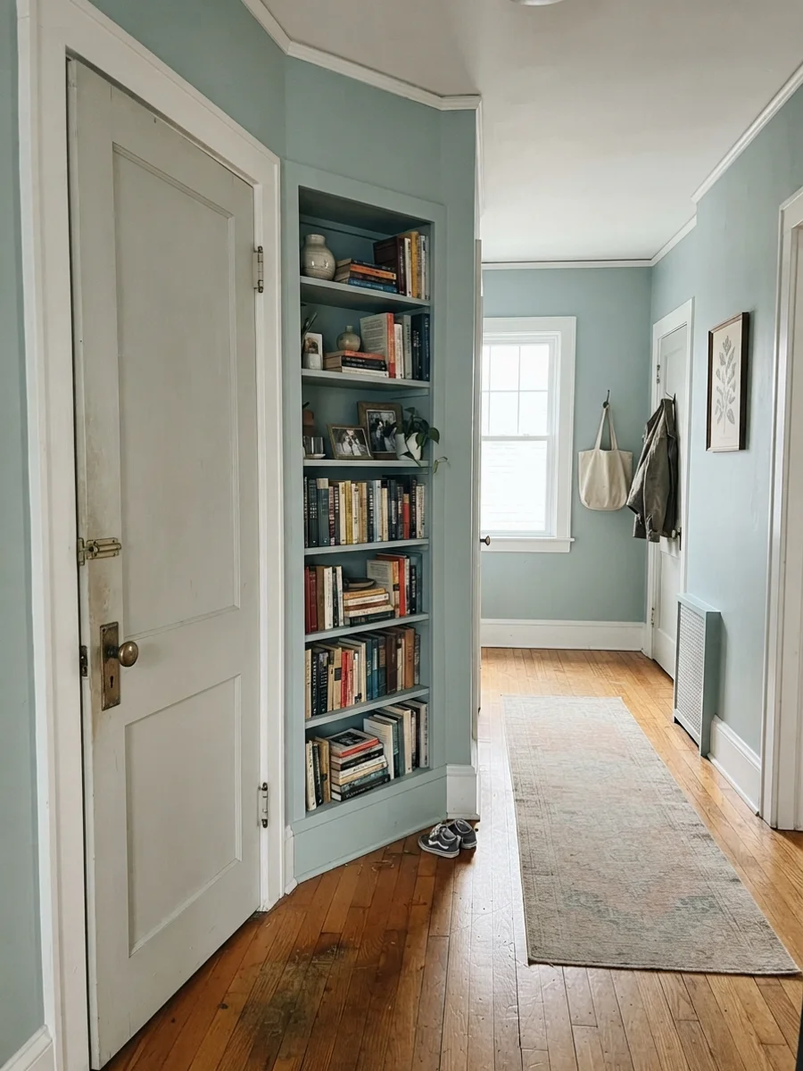 Interior door and built-in bookshelf painted as accents against cream walls.
