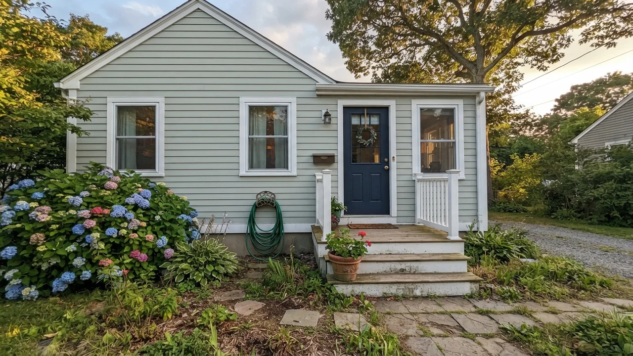 Exterior horizontal siding painted in soft green-gray with white trim and dark navy door.