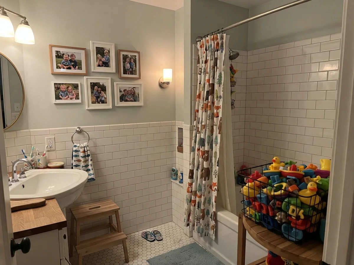 Kids bathroom with painted walls above white tile, shower curtain, and bath toys.