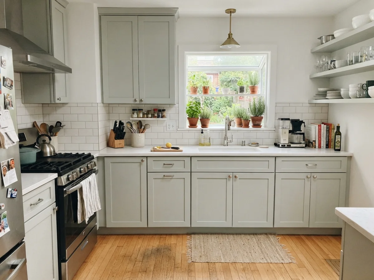 Kitchen featuring painted shaker cabinets with white backsplash and counters.