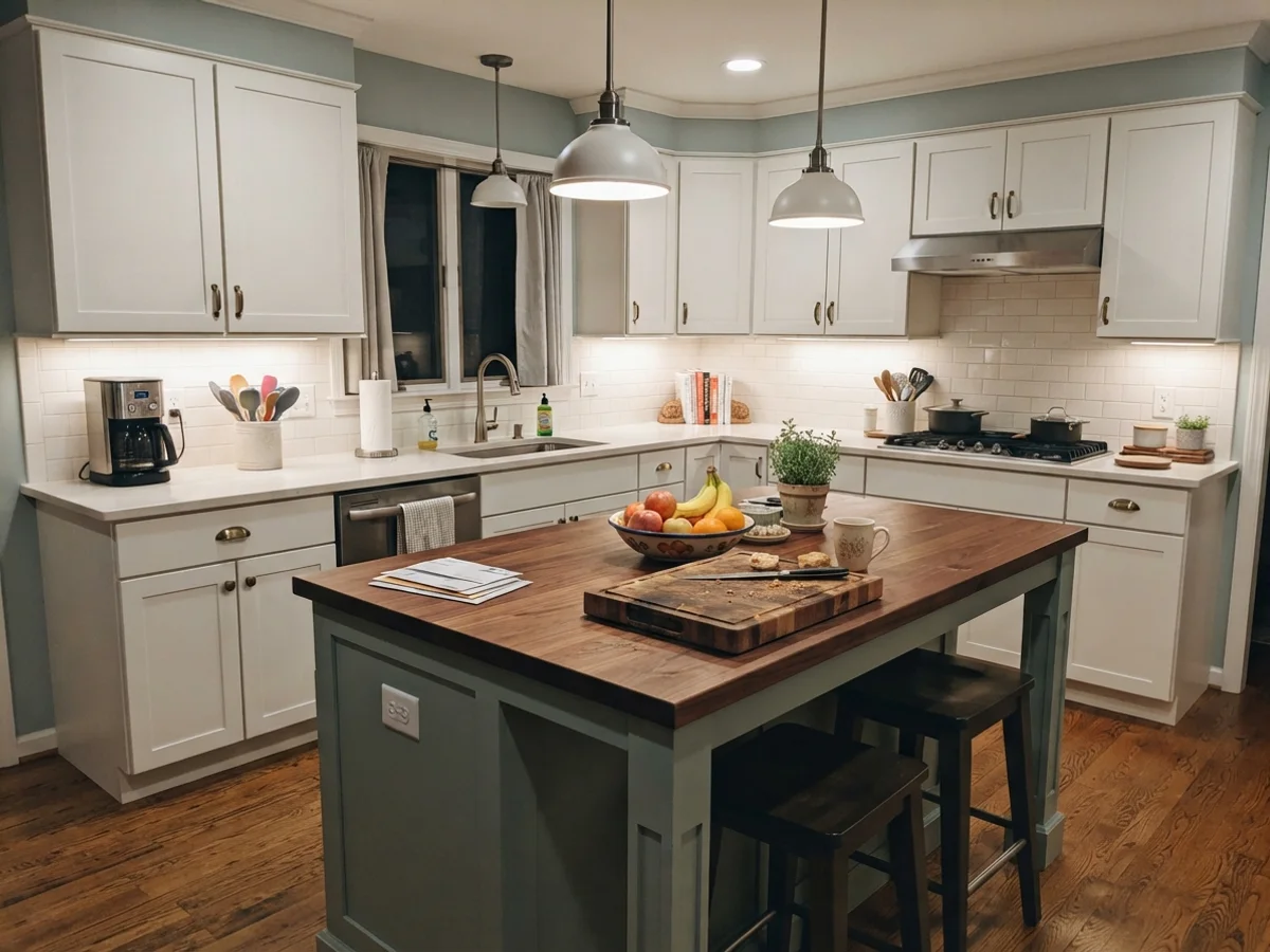 Family kitchen with painted center island and white perimeter cabinets.