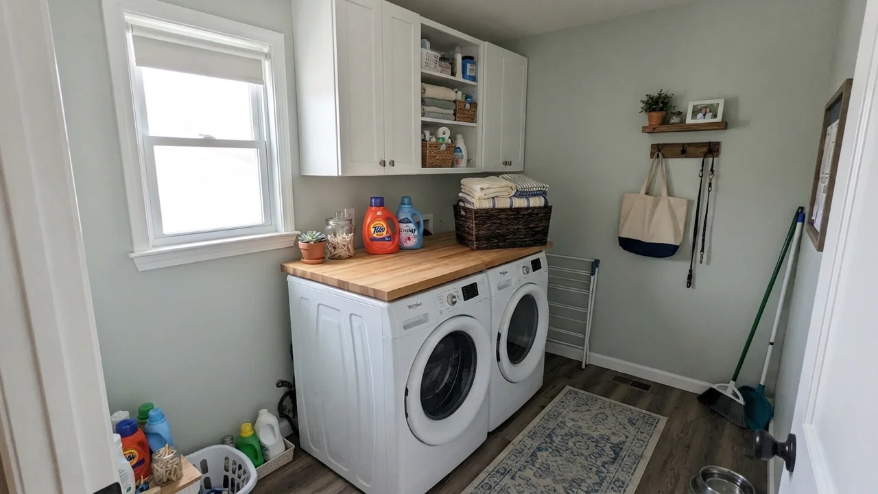 Bright laundry room with painted walls, butcher block counter, and white cabinets.
