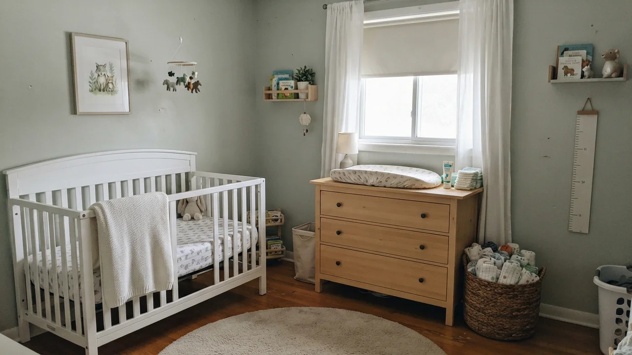 Nursery with painted walls, white crib, and light wood dresser.