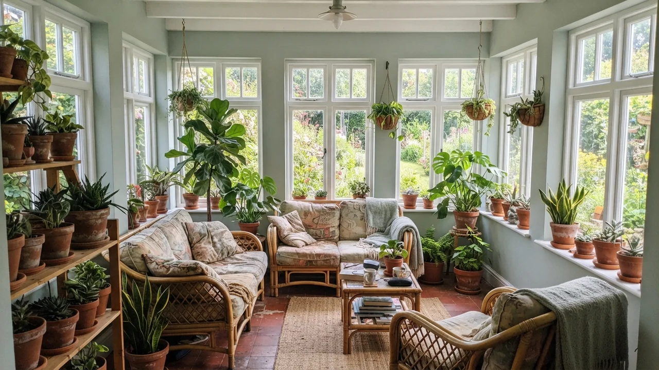 Sunroom with painted walls, white windows, rattan furniture, and houseplants.