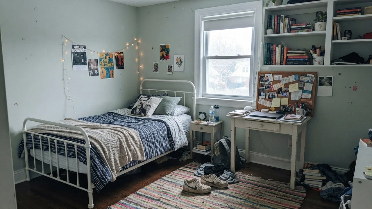 Teenager bedroom with painted walls, metal bed frame, desk, and shelves.