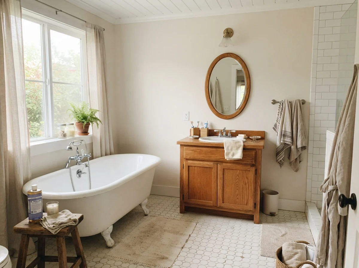 Cottage bathroom with white clawfoot tub, hex tile, oak vanity, and Shoji White walls