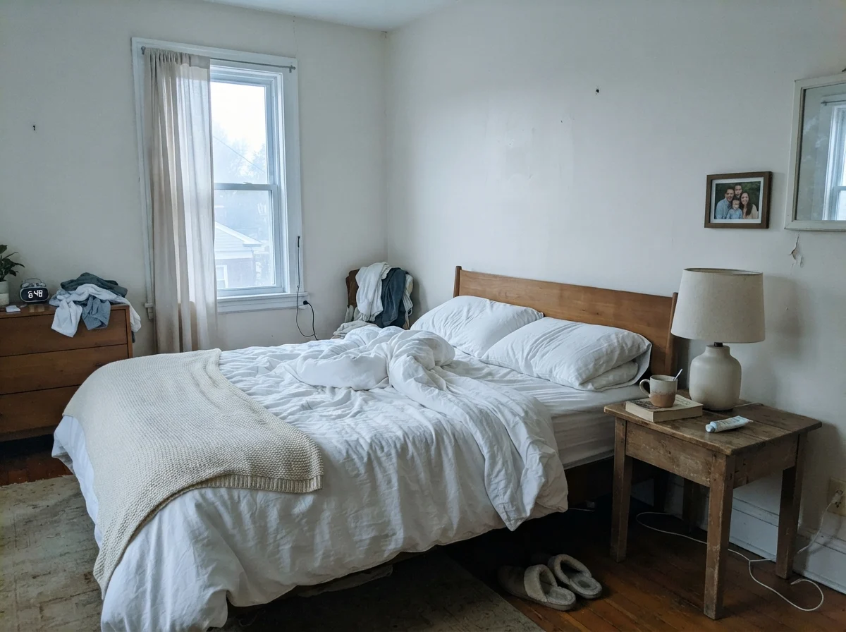 Simple bedroom in cool morning daylight showing Shoji White painted walls
