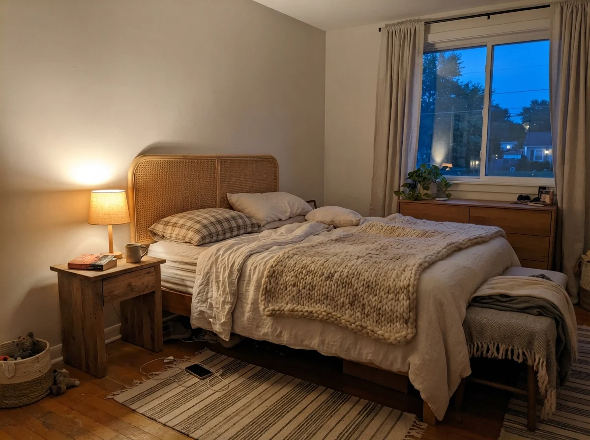 Bedroom at evening with warm lamp illuminating Shoji White walls beside a cane headboard