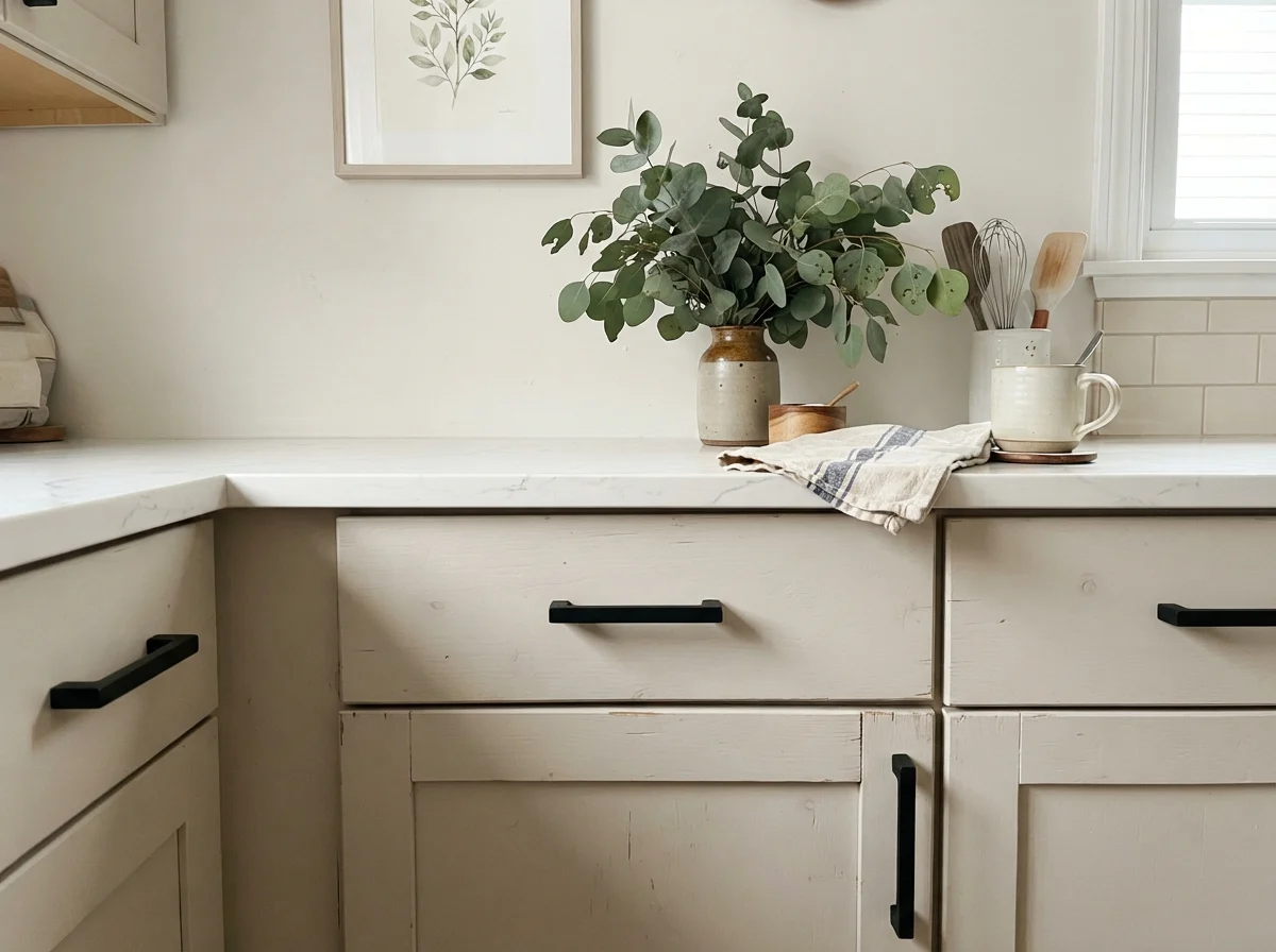 Close-up of painted shaker cabinet door with matte black handle and white quartz