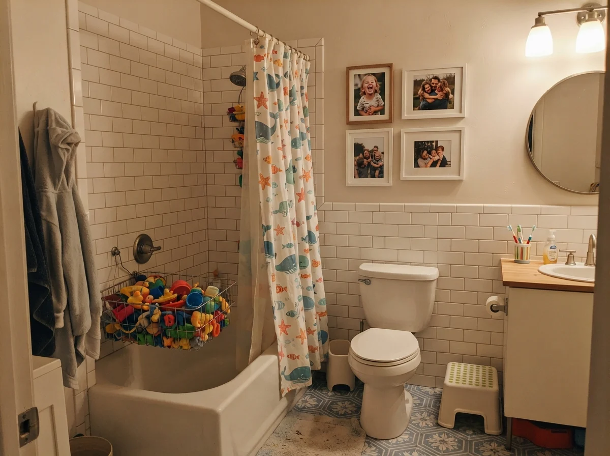 Kids bathroom with painted walls over white subway wainscot and bath toys