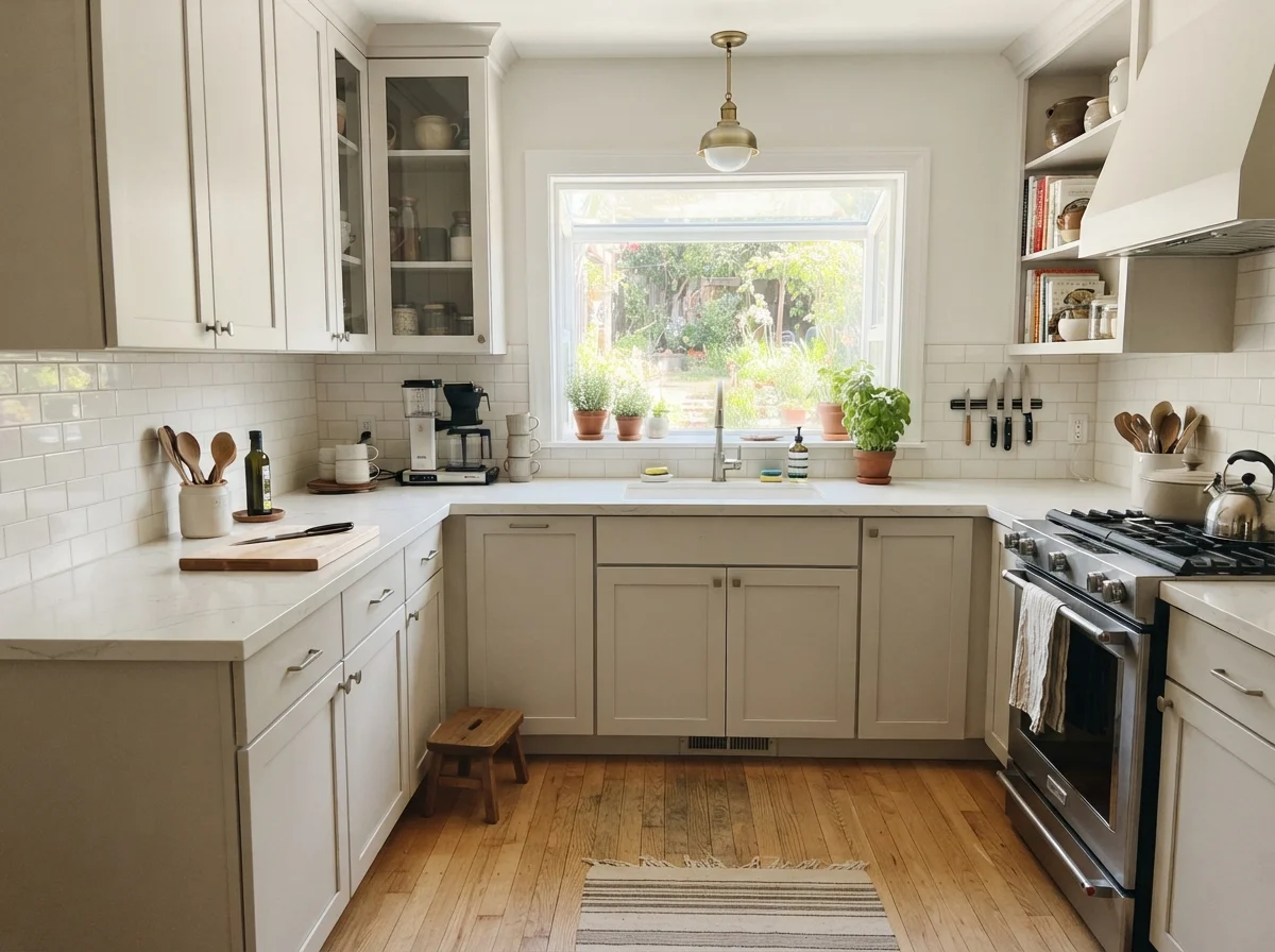 Kitchen shaker cabinets painted Shoji White with white subway backsplash and oak floors