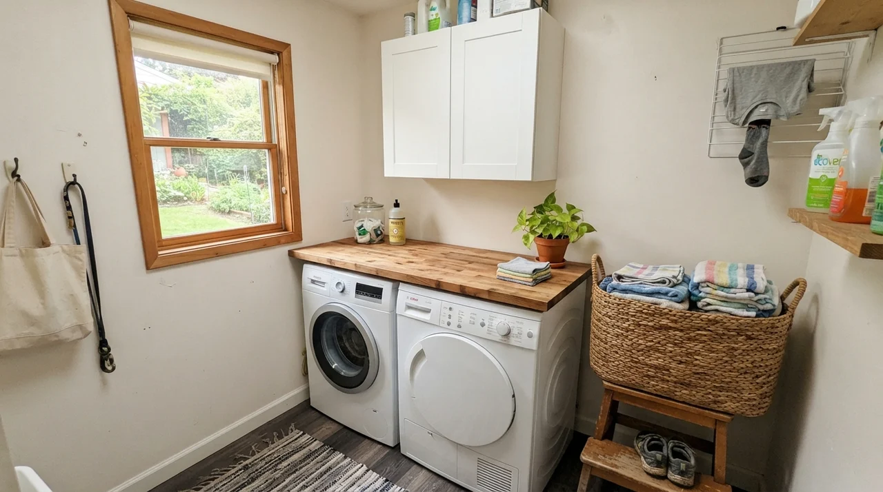 Bright laundry room with painted walls, butcher block counter, and white cabinets