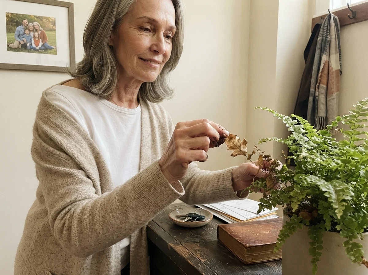Susan Hartley pinching a fern leaf in her entryway with Shoji White walls