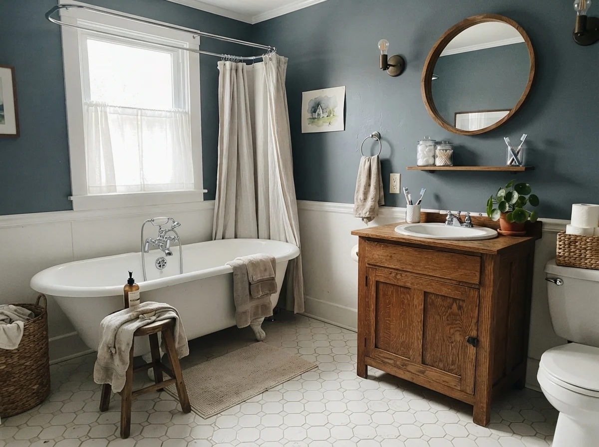 Cottage bathroom with white clawfoot tub and painted walls in bright morning light