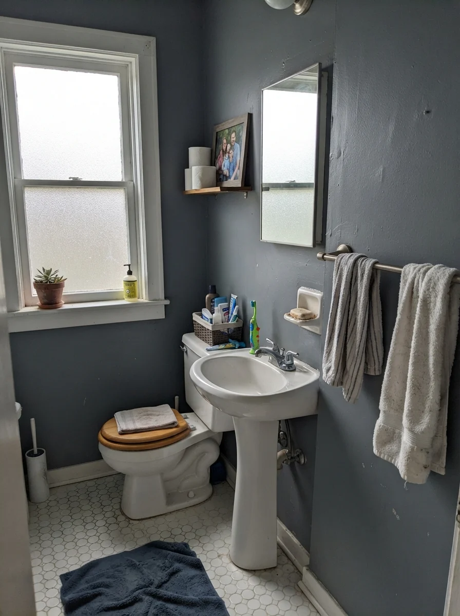 Small bathroom with painted walls looking muted in overcast daylight