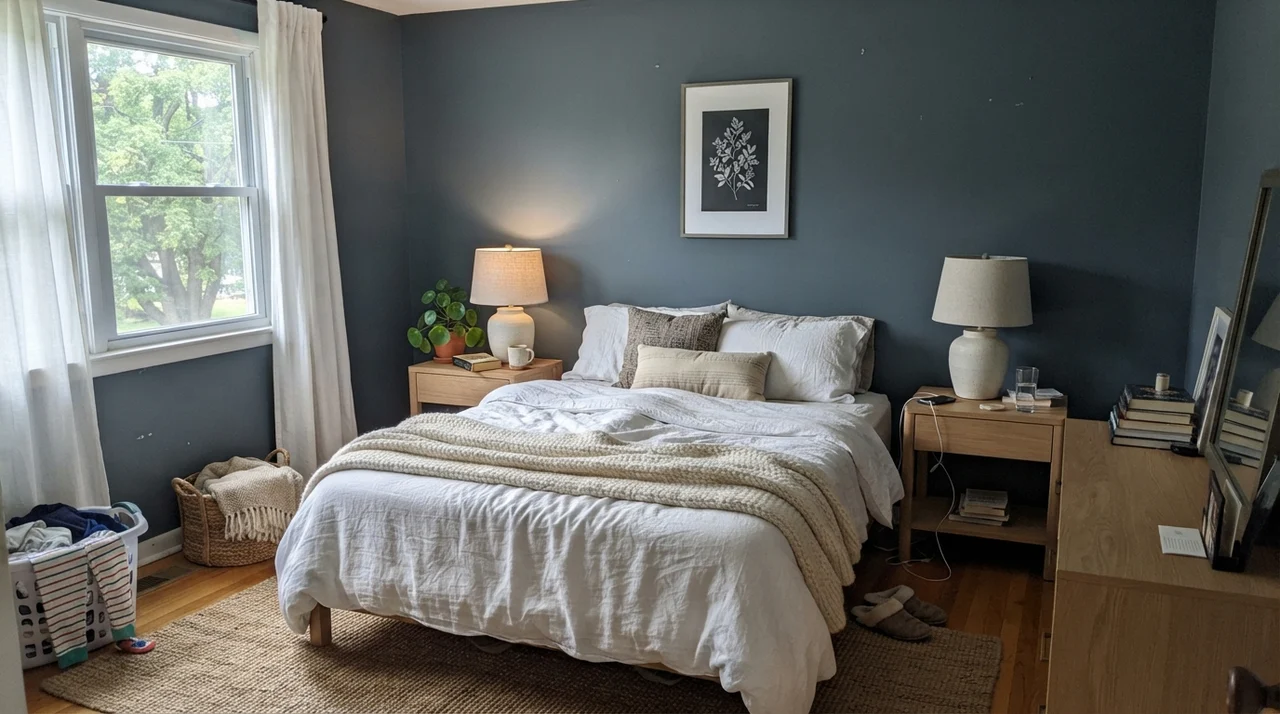 Main bedroom with painted walls and linen bedding in soft window light