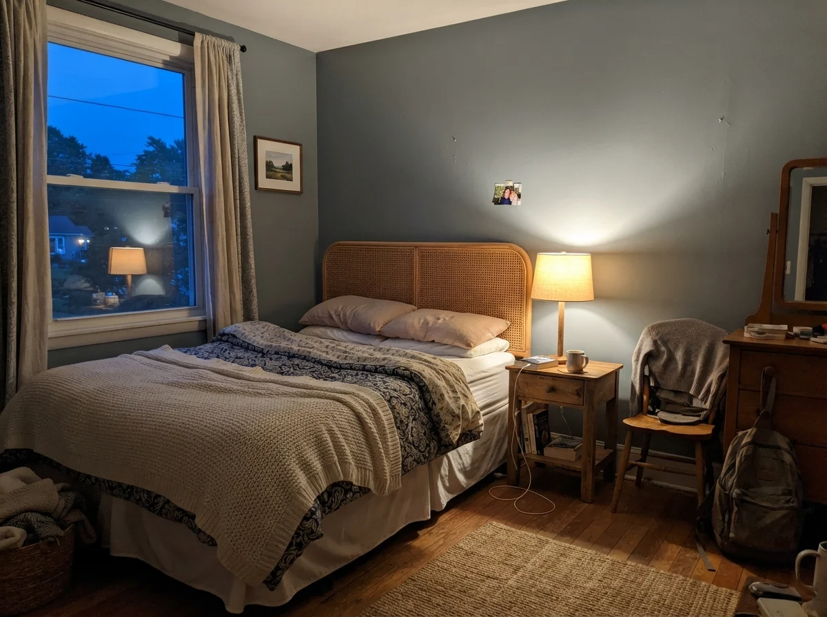 Bedroom at dusk with warm lamp glow against painted walls