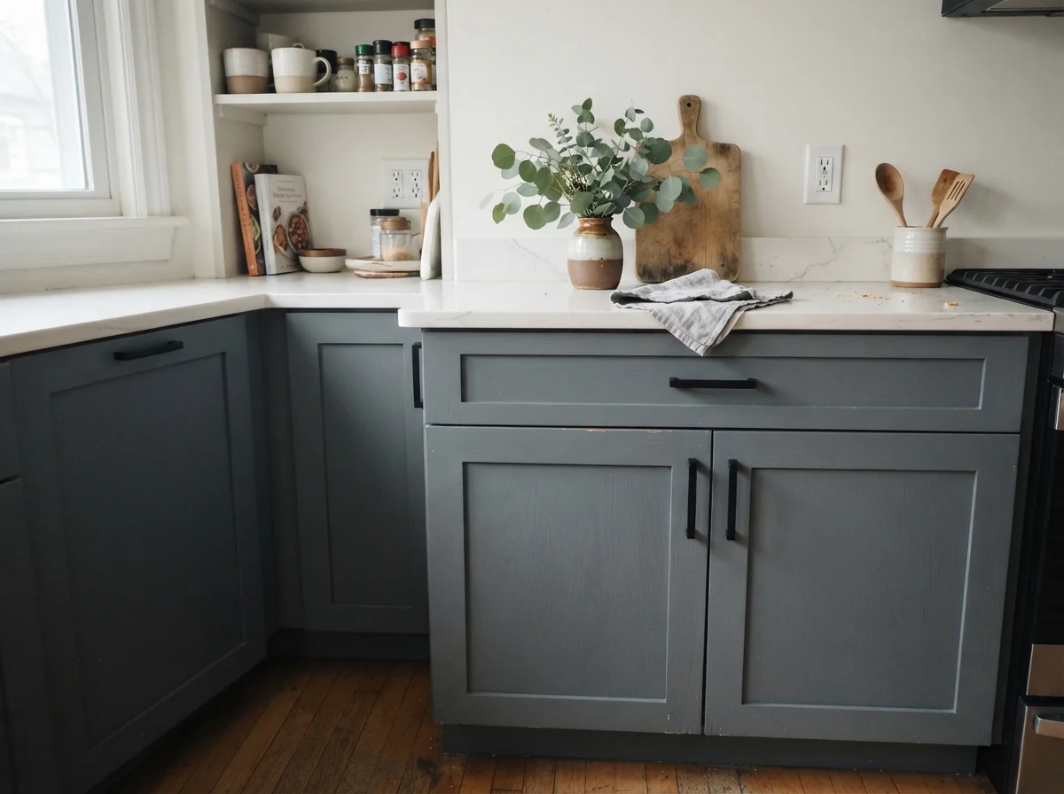 Close-up of painted shaker cabinet door with matte black handle