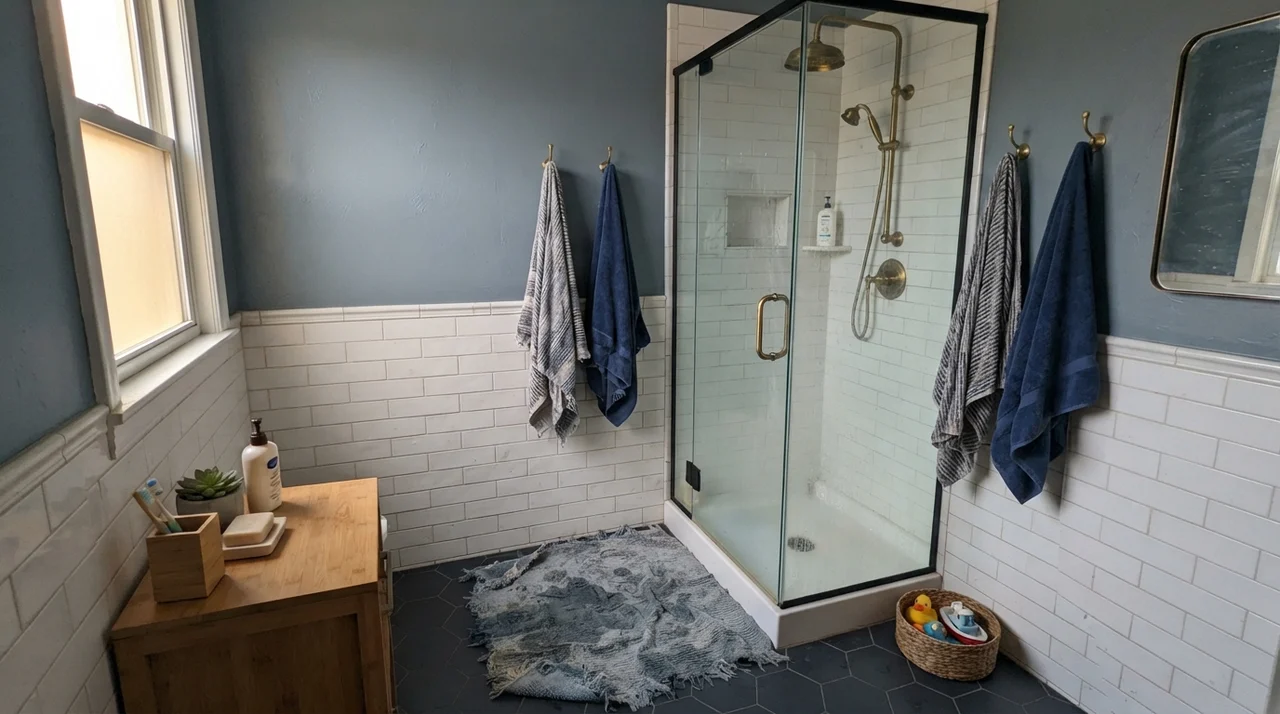 Family bathroom with painted upper walls above white subway tile and brass fixtures in soft warm daylight