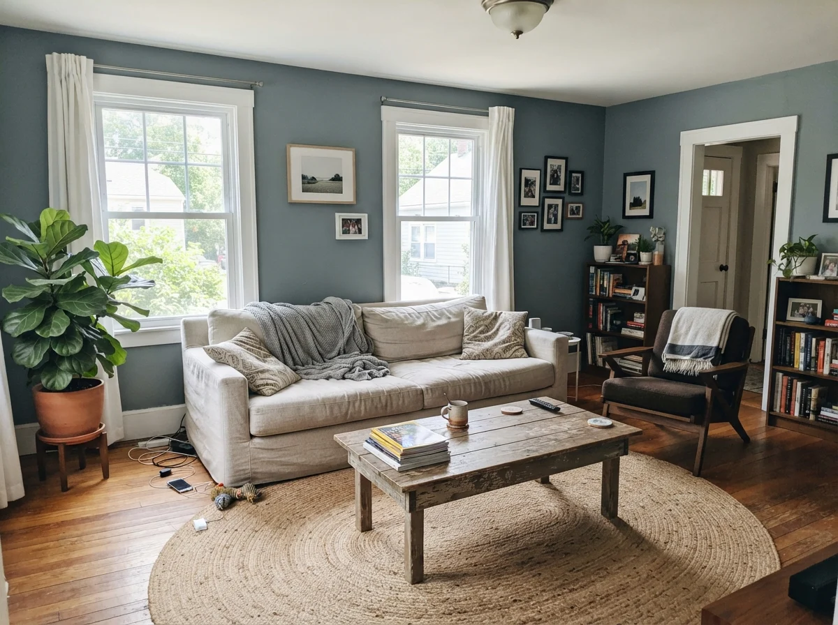 Living room with painted walls in generous midday light