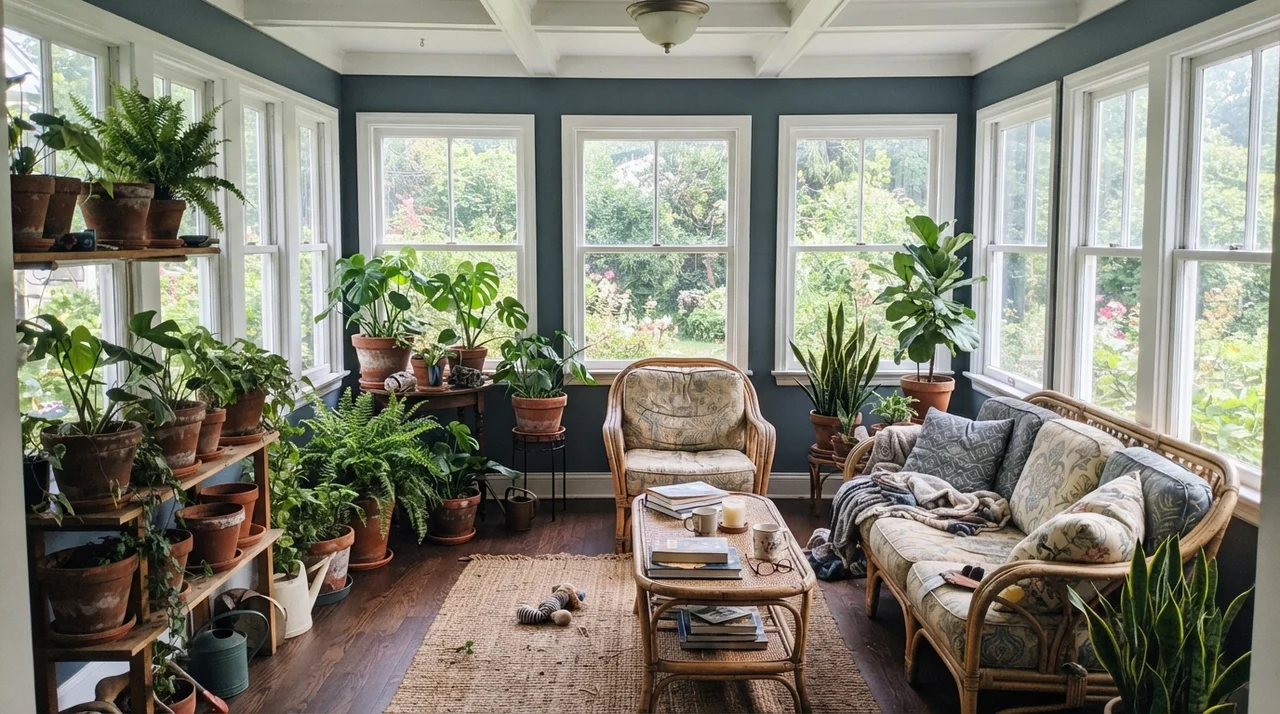 Sunroom with painted wall sections between white framed windows