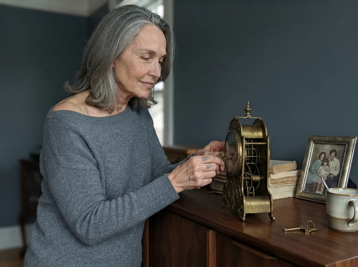 Susan winding an antique mantel clock against Storm Cloud painted walls