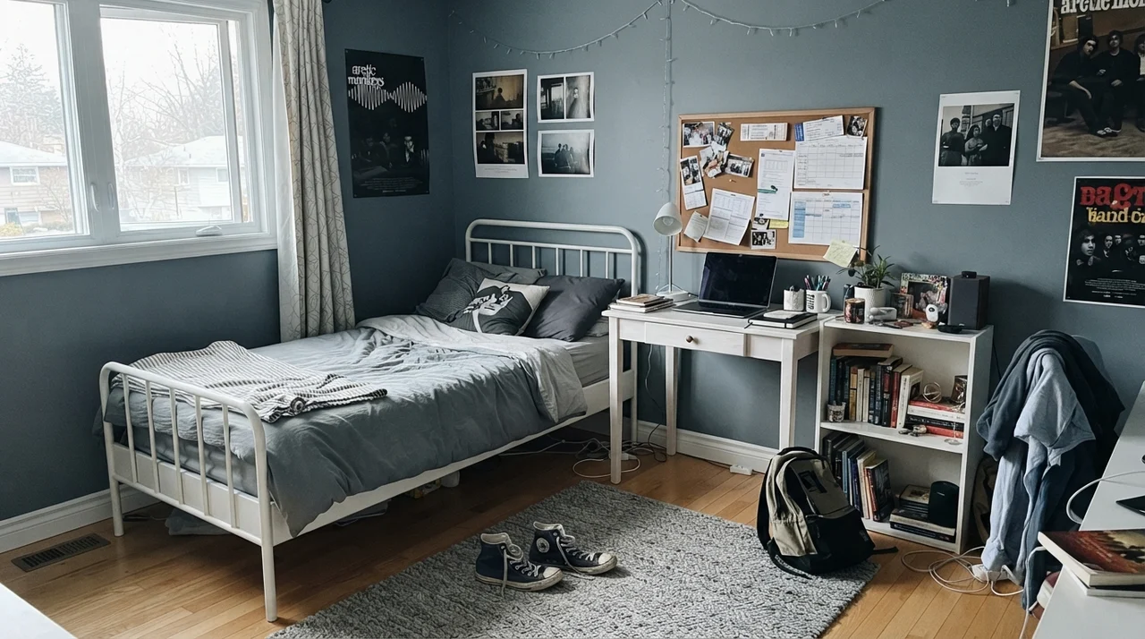 Teenager room with painted walls and white metal bed frame