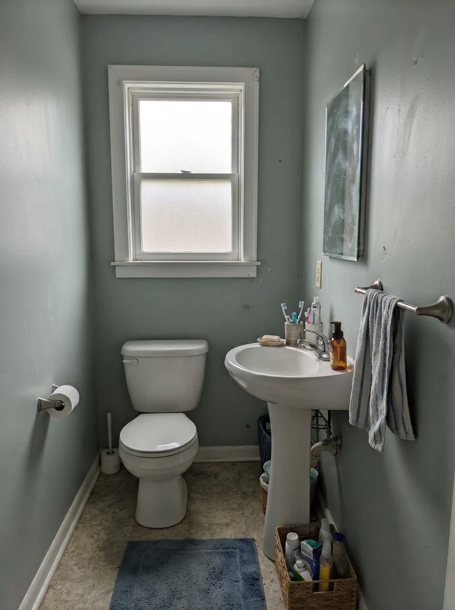 Small bathroom with painted walls looking gray under overcast daylight through frosted glass