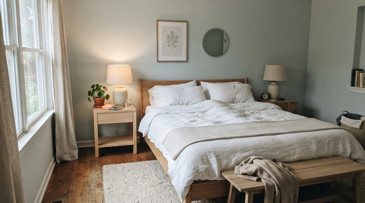 Main bedroom with painted walls, pale oak nightstands, and crisp white linen bedding
