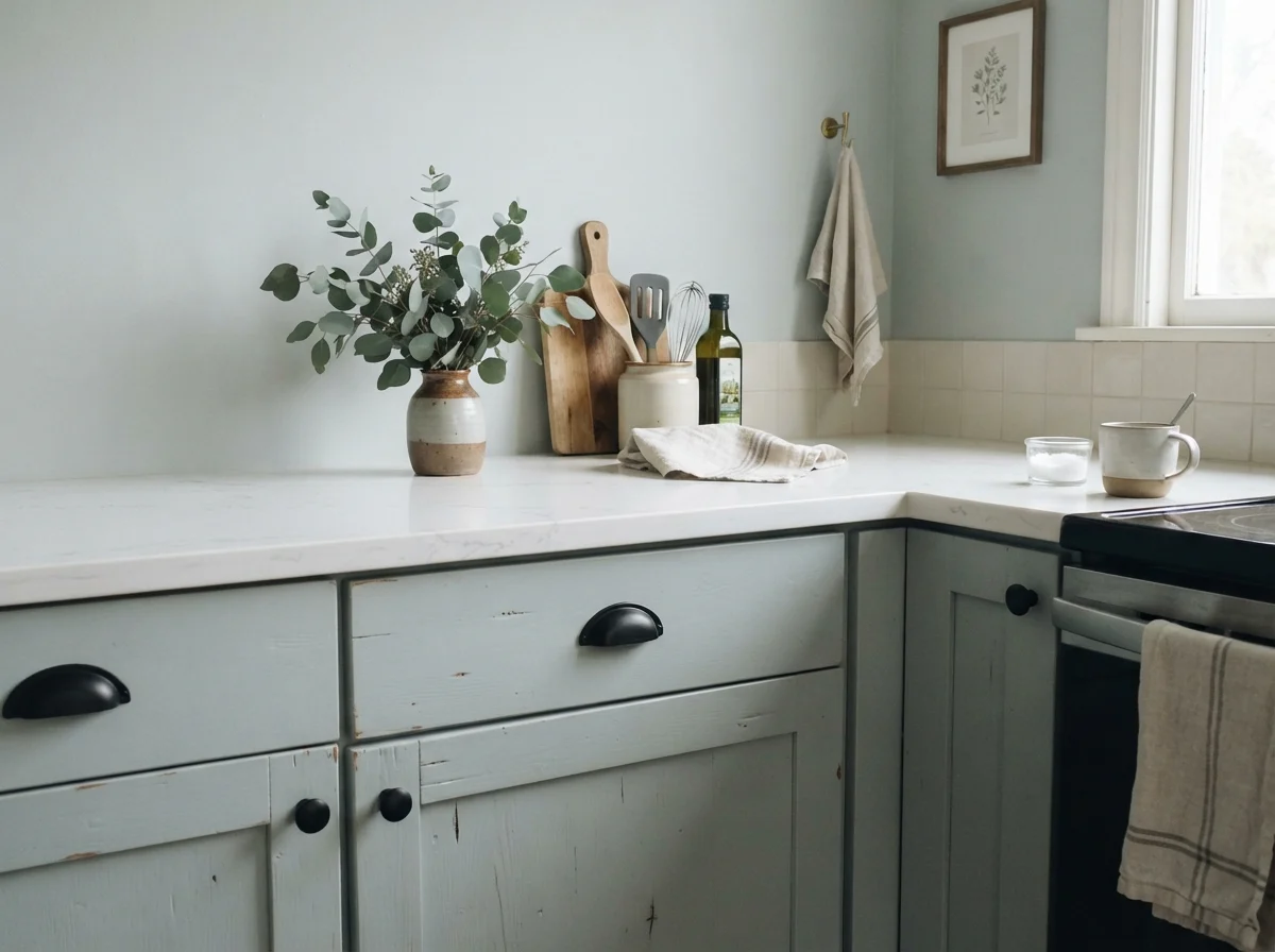Close-up of shaker cabinets in Tradewind with matte black handles and white quartz counter