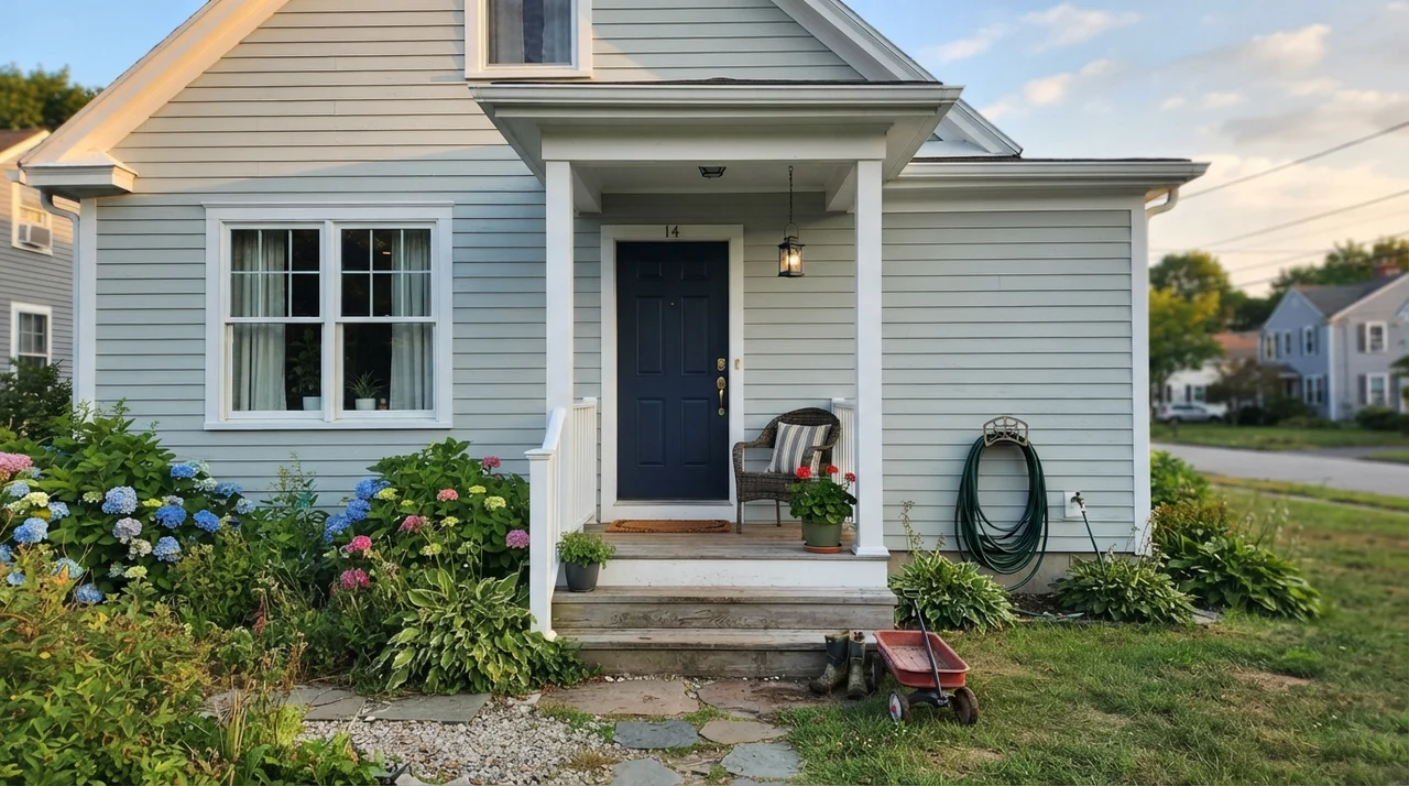 House exterior with horizontal siding painted in Tradewind, white trim, and a dark navy front door