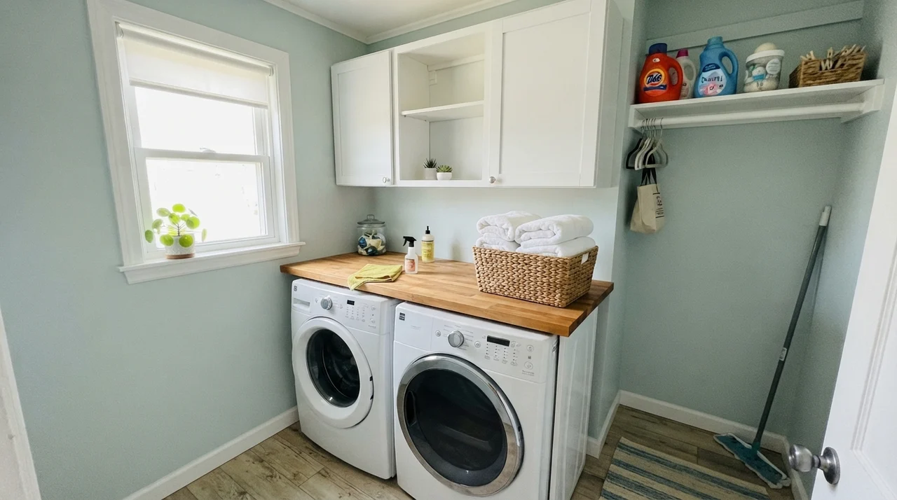Laundry room with Tradewind walls, butcher-block counter, white washer and dryer, and window daylight