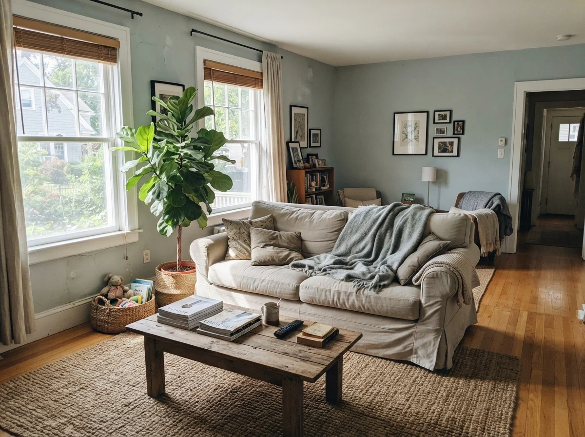Sunlit living room with linen sofa, wood coffee table, jute rug, and Tradewind painted walls