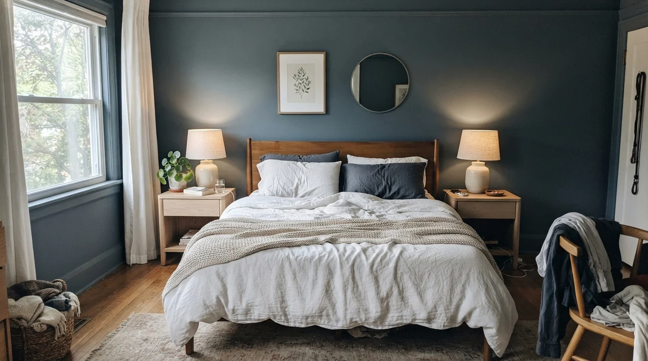 Spacious main bedroom with white linen bedding, oak nightstand, and walls in Waterloo.