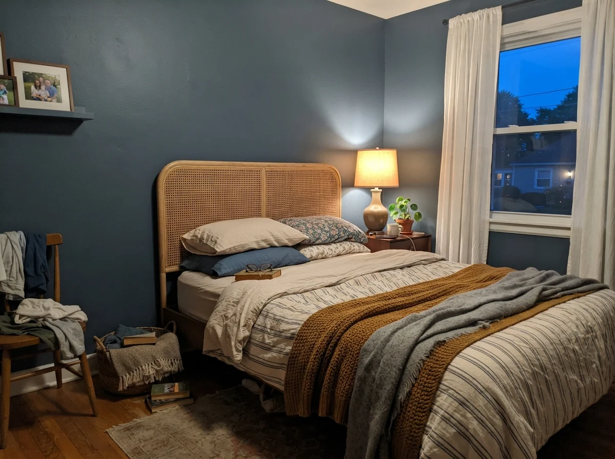 Bedroom at dusk with a single warm table lamp casting glow over Waterloo walls next to a cane headboard.