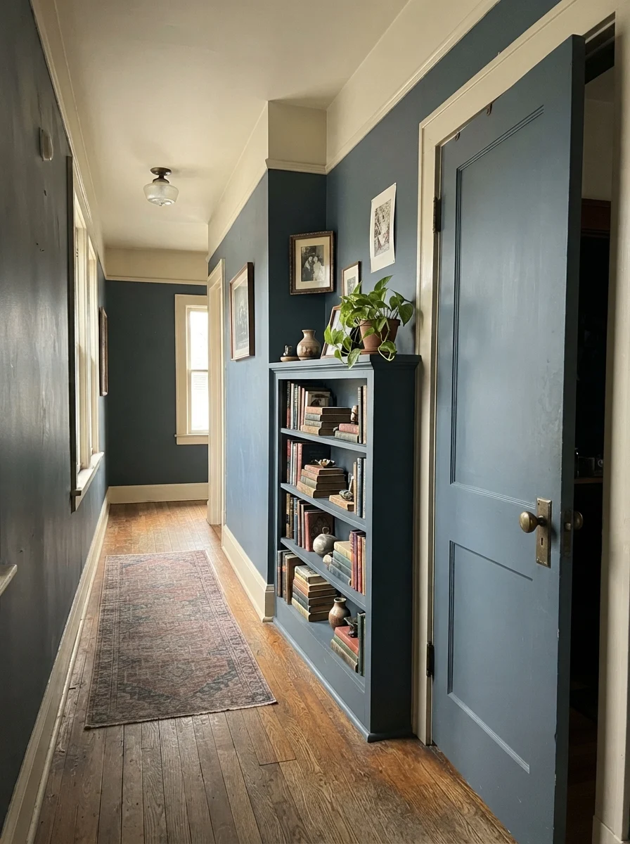 Hallway with Waterloo painted door and built-in bookshelf, brass knob, wood floor, and stacked books.