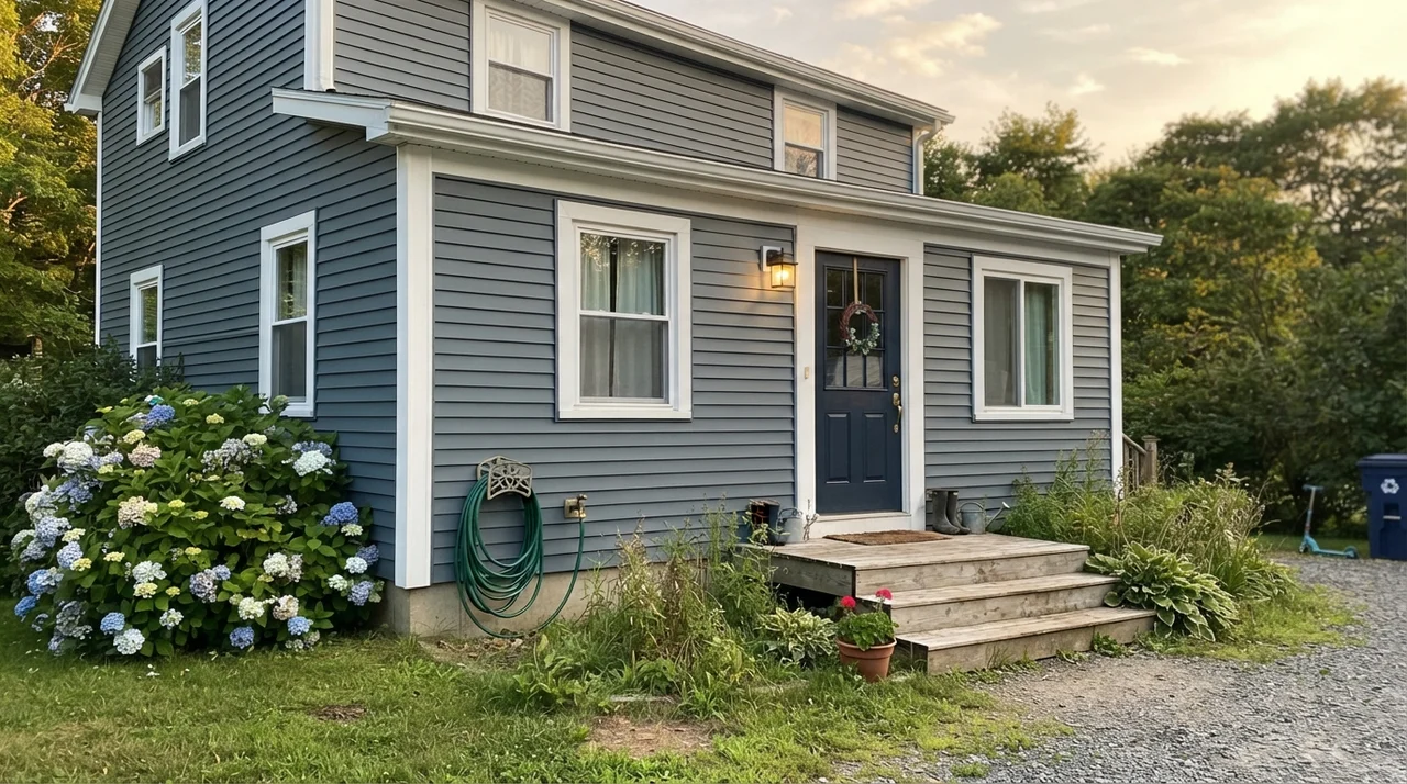 House exterior siding painted Waterloo with white trim and dark navy front door at dusk.