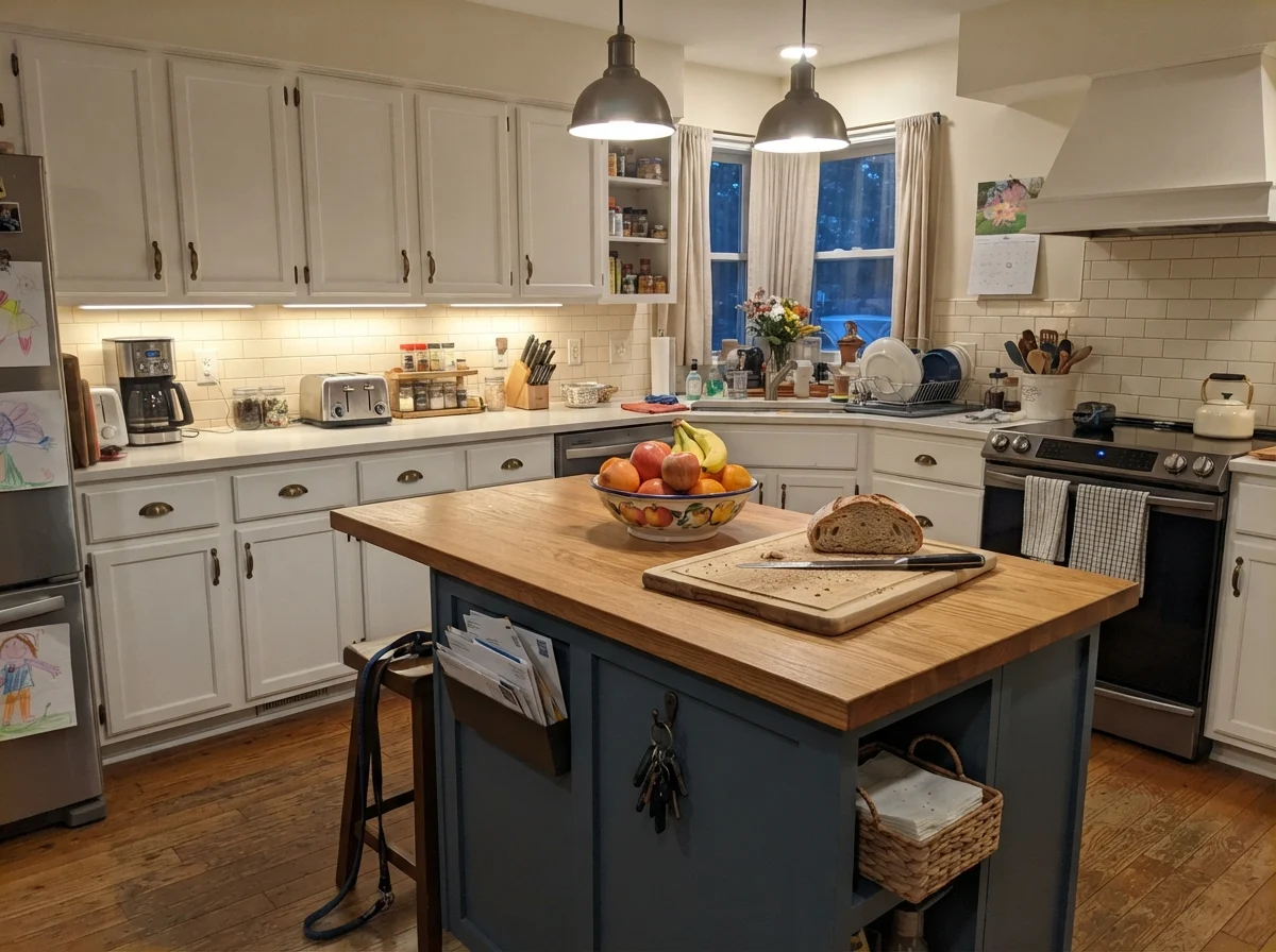 Kitchen island painted Waterloo with fruit bowl and cutting board surrounded by white cabinets.