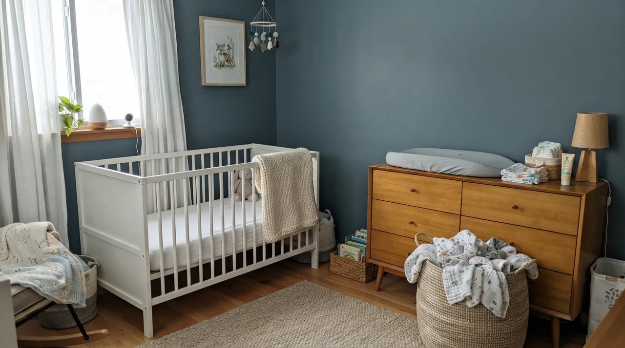 Nursery featuring Waterloo painted walls, white crib, knit blanket, and light wood dresser.