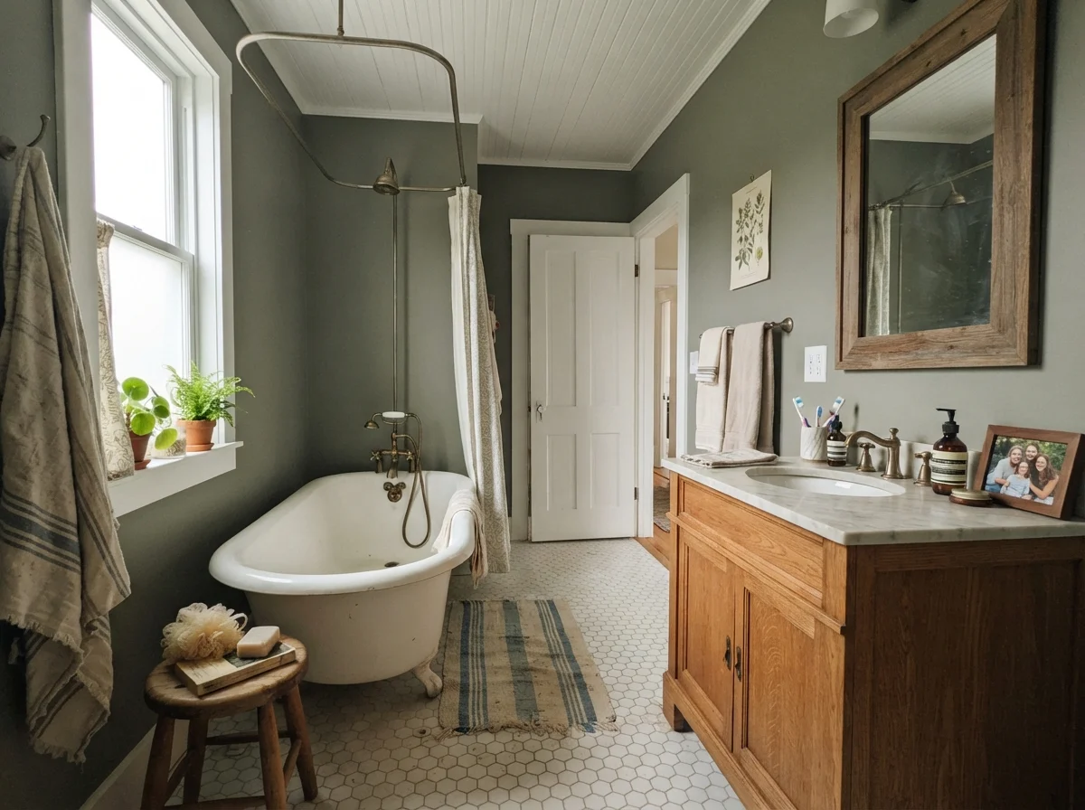 Cottage bathroom with Warm Eucalyptus walls, white clawfoot tub, and warm oak vanity.