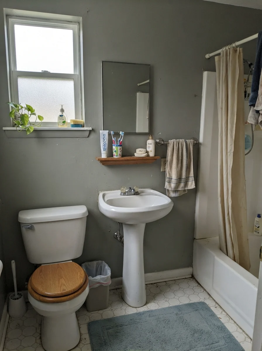 Small bathroom with painted walls reading muted and gray under flat overcast daylight.