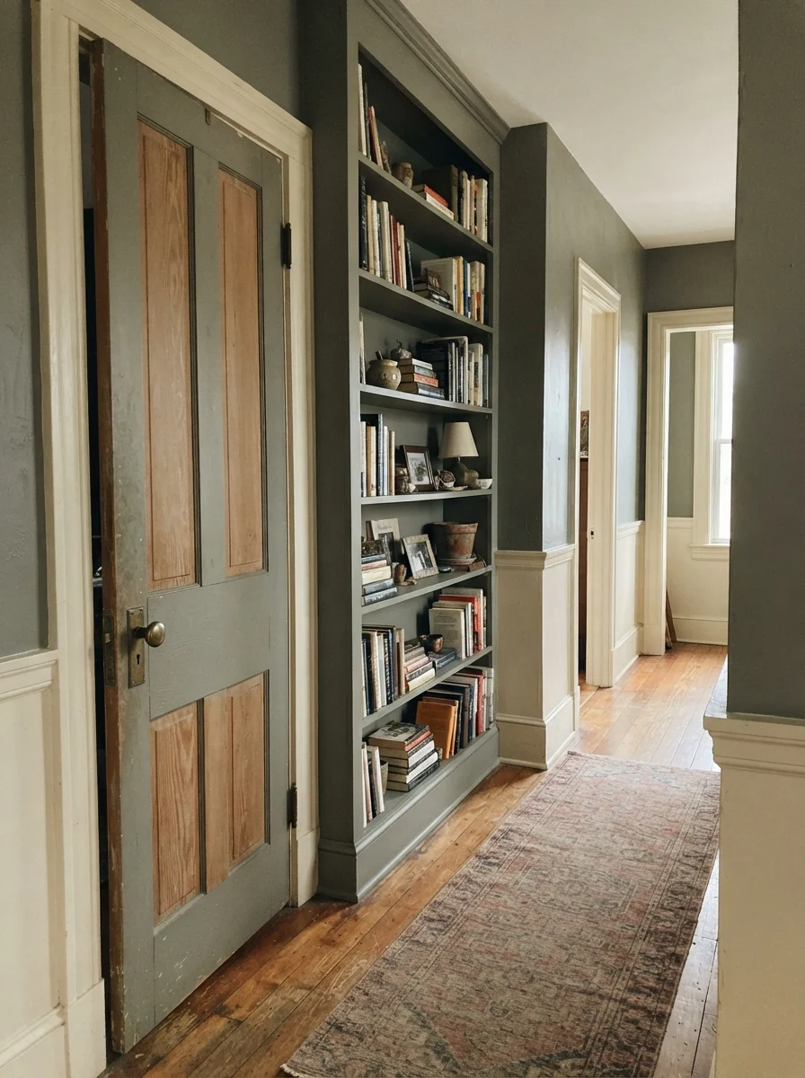Hallway with a two-panel interior door and built-in bookshelf painted Warm Eucalyptus against cream walls.