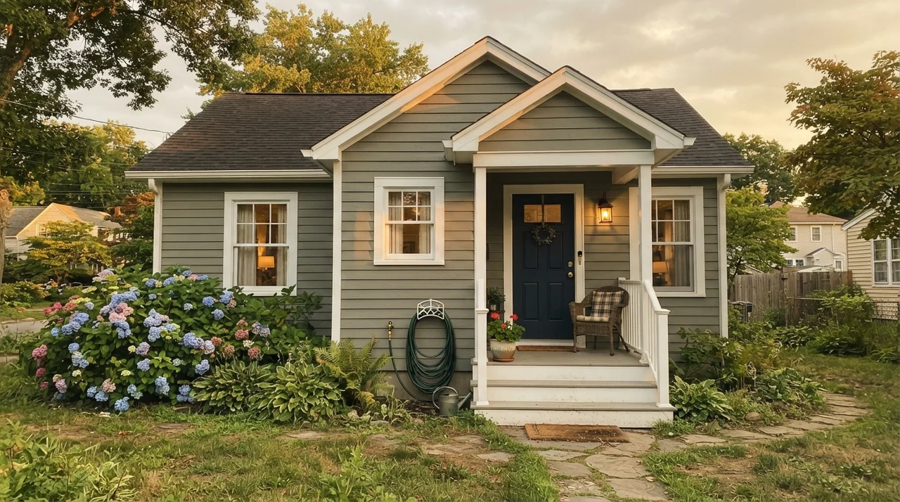 House exterior with horizontal siding painted Warm Eucalyptus, white trim, and a dark navy front door.