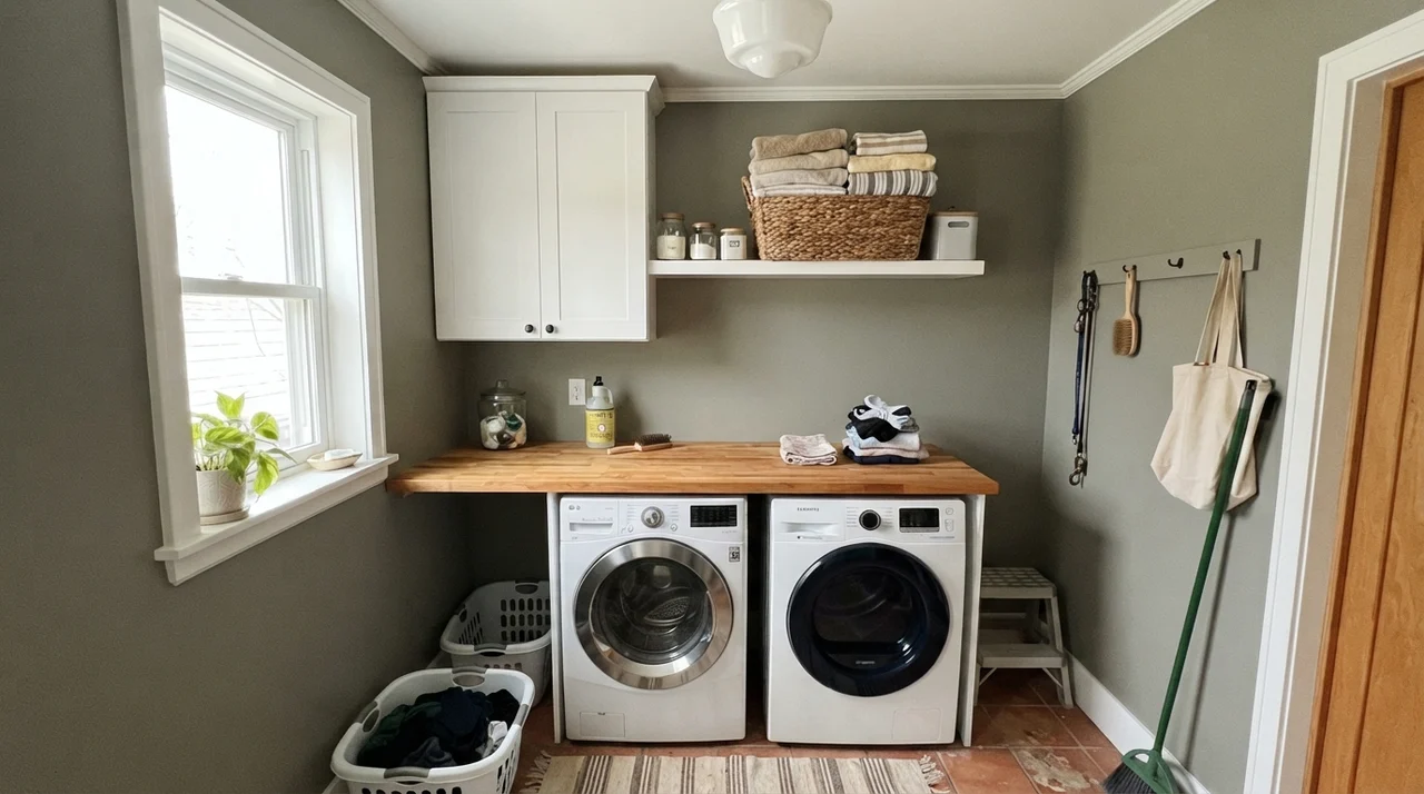 Bright laundry room with painted walls, white cabinets, and butcher-block counter.