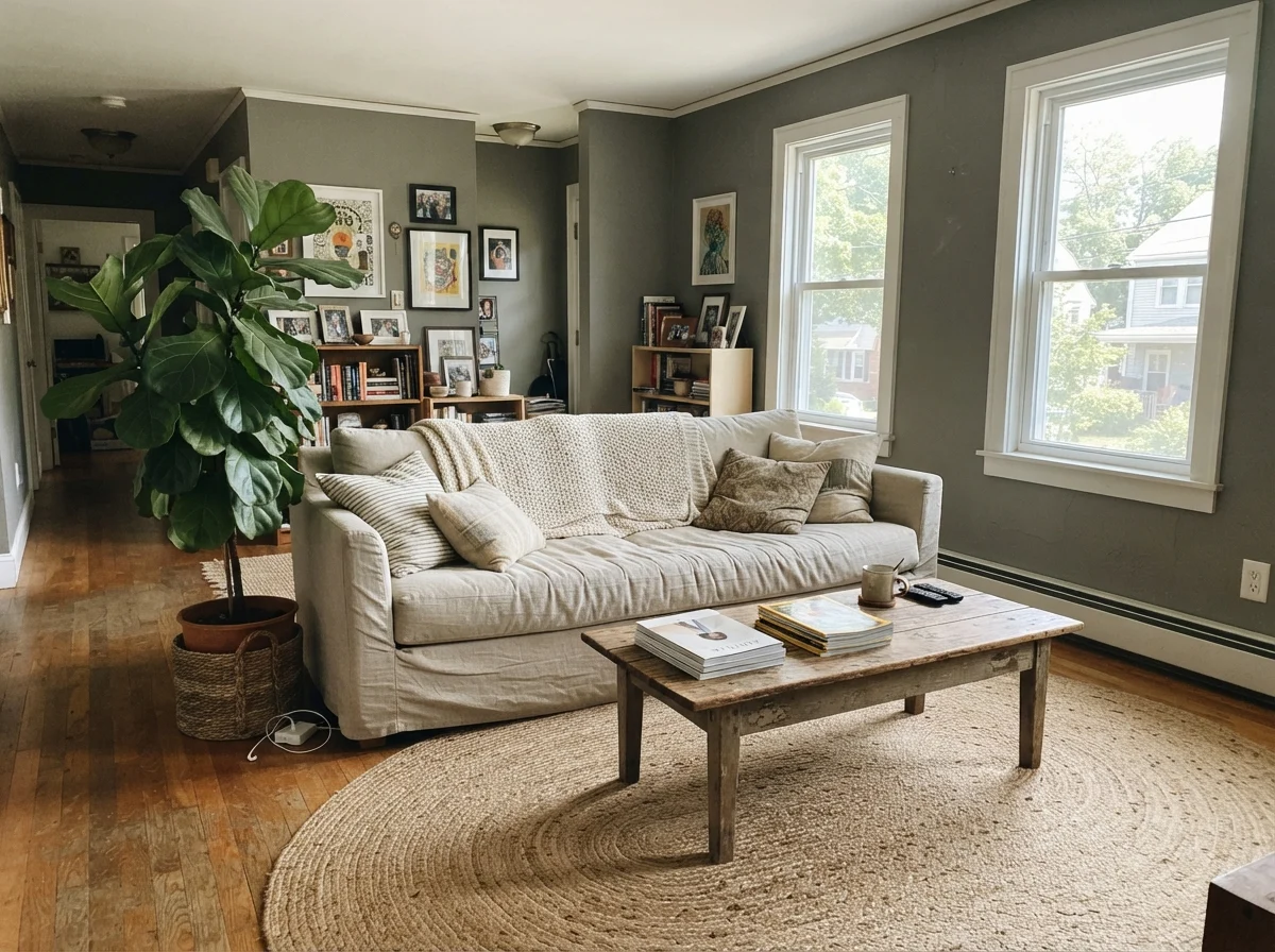 Living room with painted walls, linen sofa, wood coffee table, and jute rug.