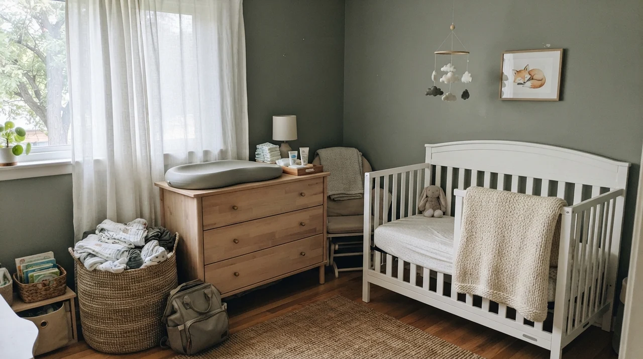 Nursery with painted walls, white crib, and light-wood changing table dresser.